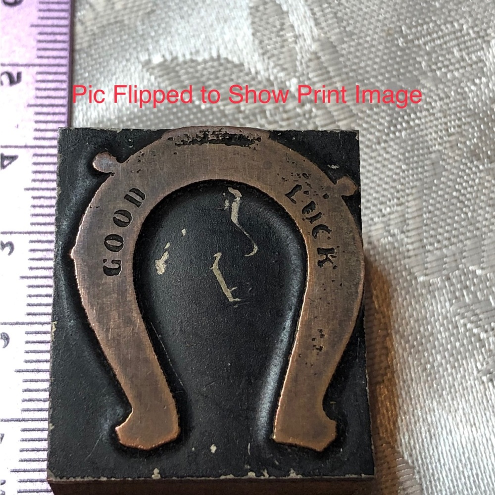 Antique Wooden Print Block Copper Good Luck Horseshoe